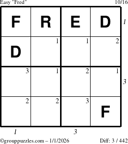 The grouppuzzles.com Easy Fred puzzle for Thursday January 1, 2026, suitable for printing, with all 3 steps marked