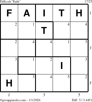 The grouppuzzles.com Difficult Faith puzzle for Thursday January 1, 2026, suitable for printing, with all 5 steps marked