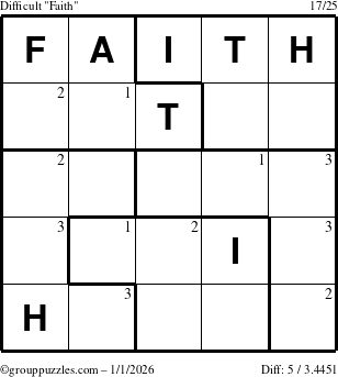 The grouppuzzles.com Difficult Faith puzzle for Thursday January 1, 2026 with the first 3 steps marked