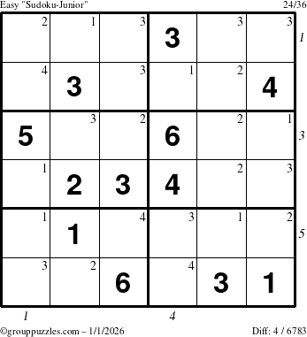 The grouppuzzles.com Easy Sudoku-Junior puzzle for Thursday January 1, 2026, suitable for printing, with all 4 steps marked
