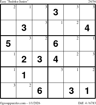 The grouppuzzles.com Easy Sudoku-Junior puzzle for Thursday January 1, 2026 with the first 3 steps marked