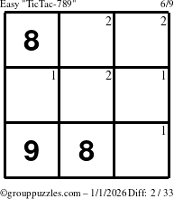 The grouppuzzles.com Easy TicTac-789 puzzle for Thursday January 1, 2026 with the first 2 steps marked