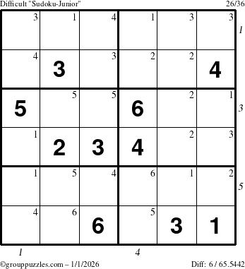 The grouppuzzles.com Difficult Sudoku-Junior puzzle for Thursday January 1, 2026 with all 6 steps marked