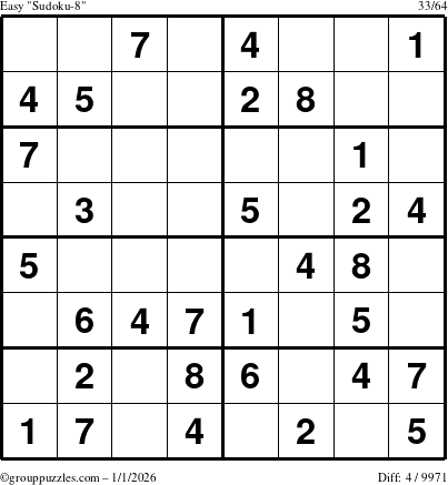 The grouppuzzles.com Easy Sudoku-8 puzzle for Thursday January 1, 2026
