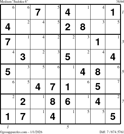 The grouppuzzles.com Medium Sudoku-8 puzzle for Thursday January 1, 2026, suitable for printing, with all 7 steps marked