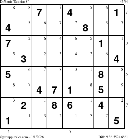 The grouppuzzles.com Difficult Sudoku-8 puzzle for Thursday January 1, 2026 with all 9 steps marked