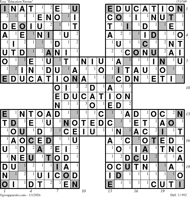 The grouppuzzles.com Easy Education-Xtreme puzzle for Thursday January 1, 2026, suitable for printing, with all 3 steps marked