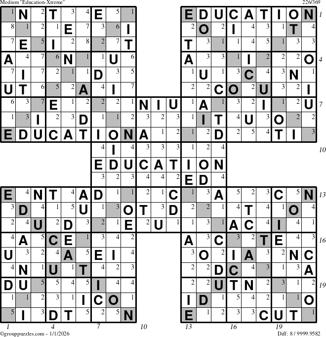 The grouppuzzles.com Medium Education-Xtreme puzzle for Thursday January 1, 2026 with all 8 steps marked