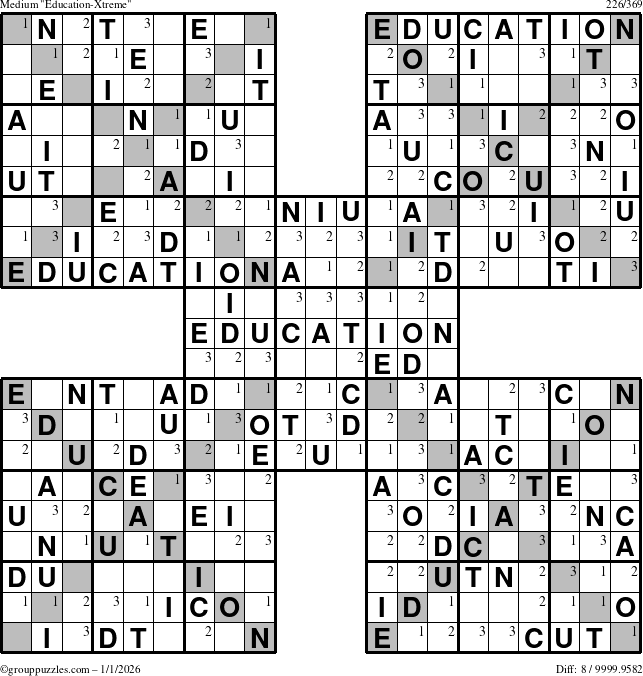The grouppuzzles.com Medium Education-Xtreme puzzle for Thursday January 1, 2026 with the first 3 steps marked
