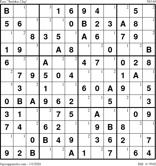 The grouppuzzles.com Easy Sudoku-12up puzzle for Thursday January 1, 2026 with the first 3 steps marked