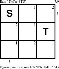 The grouppuzzles.com Easy TicTac-STU puzzle for Thursday January 1, 2026, suitable for printing, with all 2 steps marked