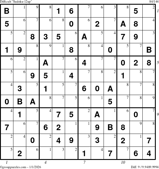 The grouppuzzles.com Difficult Sudoku-12up puzzle for Thursday January 1, 2026, suitable for printing, with all 9 steps marked