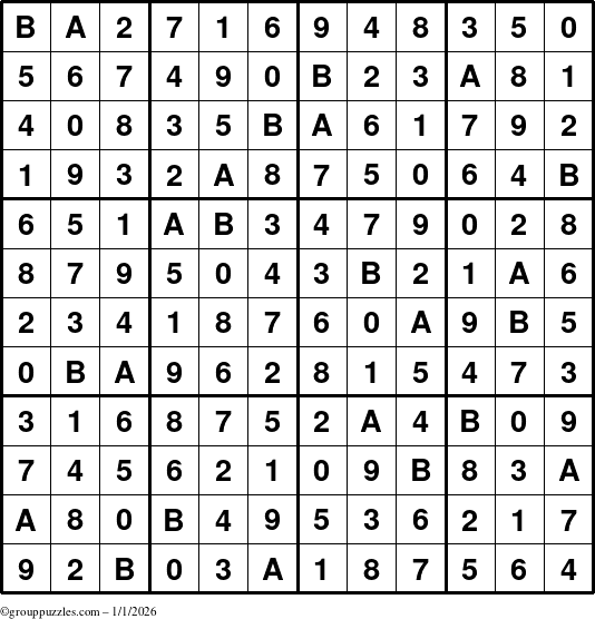 The grouppuzzles.com Answer grid for the Sudoku-12up puzzle for Thursday January 1, 2026