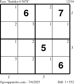 The grouppuzzles.com Easy Sudoku-4-5678 puzzle for Friday July 4, 2025 with all 3 steps marked