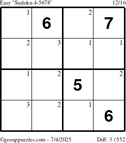 The grouppuzzles.com Easy Sudoku-4-5678 puzzle for Friday July 4, 2025 with the first 3 steps marked