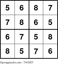 The grouppuzzles.com Answer grid for the Sudoku-4-5678 puzzle for Friday July 4, 2025