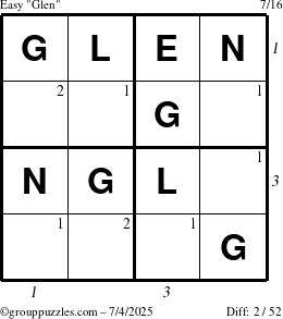 The grouppuzzles.com Easy Glen puzzle for Friday July 4, 2025, suitable for printing, with all 2 steps marked