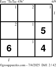 The grouppuzzles.com Easy TicTac-456 puzzle for Friday July 4, 2025 with all 2 steps marked