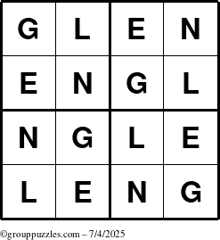 The grouppuzzles.com Answer grid for the Glen puzzle for Friday July 4, 2025