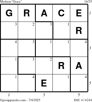 The grouppuzzles.com Medium Grace puzzle for Friday July 4, 2025, suitable for printing, with all 4 steps marked