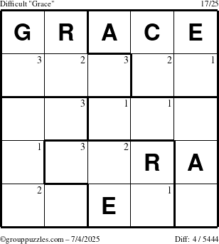 The grouppuzzles.com Difficult Grace puzzle for Friday July 4, 2025 with the first 3 steps marked