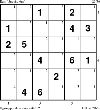 The grouppuzzles.com Easy Sudoku-6up puzzle for Friday July 4, 2025 with all 4 steps marked