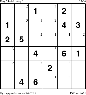 The grouppuzzles.com Easy Sudoku-6up puzzle for Friday July 4, 2025 with the first 3 steps marked