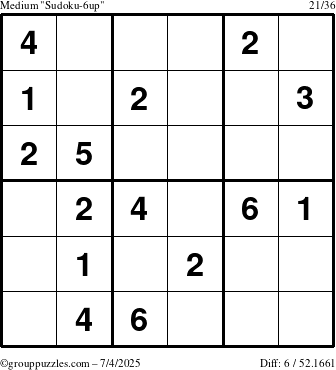 The grouppuzzles.com Medium Sudoku-6up puzzle for Friday July 4, 2025