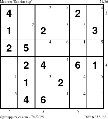 The grouppuzzles.com Medium Sudoku-6up puzzle for Friday July 4, 2025 with all 6 steps marked