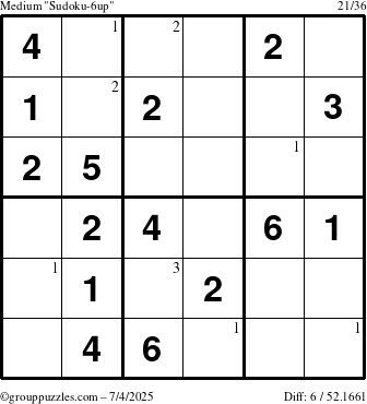 The grouppuzzles.com Medium Sudoku-6up puzzle for Friday July 4, 2025 with the first 3 steps marked