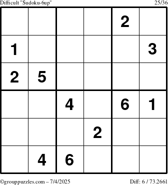 The grouppuzzles.com Difficult Sudoku-6up puzzle for Friday July 4, 2025