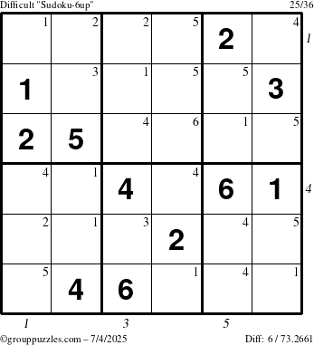 The grouppuzzles.com Difficult Sudoku-6up puzzle for Friday July 4, 2025 with all 6 steps marked