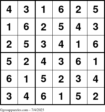 The grouppuzzles.com Answer grid for the Sudoku-6up puzzle for Friday July 4, 2025