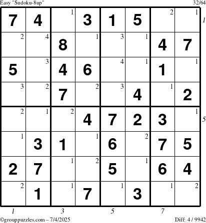 The grouppuzzles.com Easy Sudoku-8up puzzle for Friday July 4, 2025 with all 4 steps marked