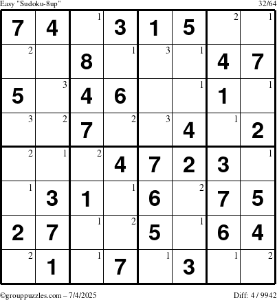 The grouppuzzles.com Easy Sudoku-8up puzzle for Friday July 4, 2025 with the first 3 steps marked