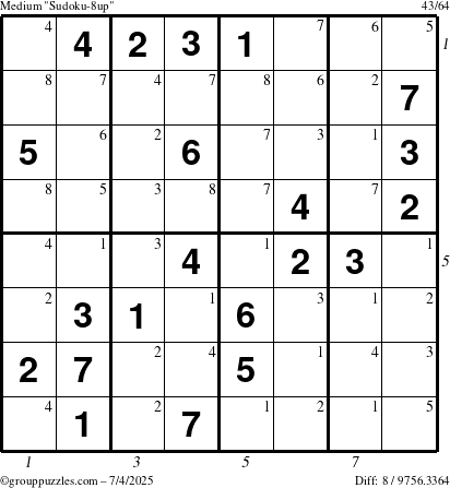 The grouppuzzles.com Medium Sudoku-8up puzzle for Friday July 4, 2025, suitable for printing, with all 8 steps marked