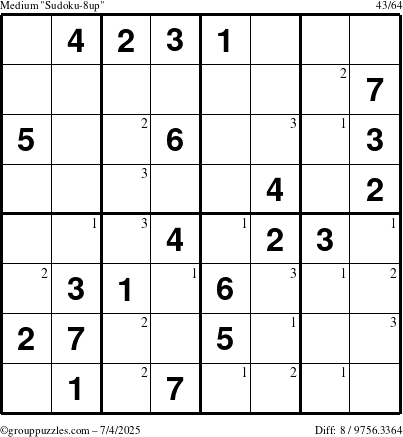 The grouppuzzles.com Medium Sudoku-8up puzzle for Friday July 4, 2025 with the first 3 steps marked