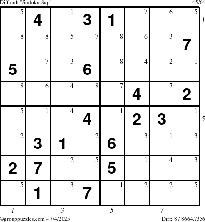 The grouppuzzles.com Difficult Sudoku-8up puzzle for Friday July 4, 2025 with all 8 steps marked