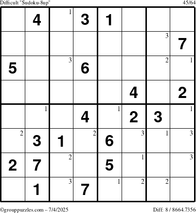 The grouppuzzles.com Difficult Sudoku-8up puzzle for Friday July 4, 2025 with the first 3 steps marked