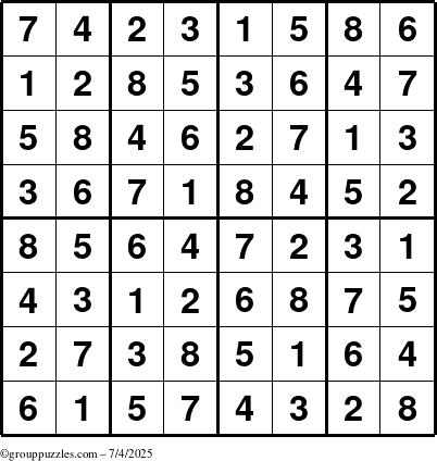 The grouppuzzles.com Answer grid for the Sudoku-8up puzzle for Friday July 4, 2025