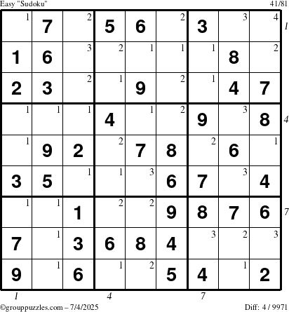 The grouppuzzles.com Easy Sudoku puzzle for Friday July 4, 2025 with all 4 steps marked