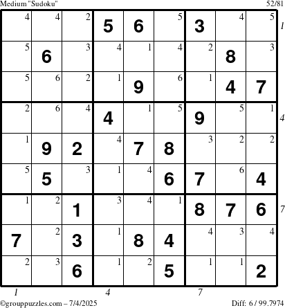 The grouppuzzles.com Medium Sudoku puzzle for Friday July 4, 2025 with all 6 steps marked