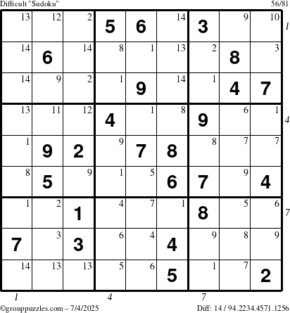 The grouppuzzles.com Difficult Sudoku puzzle for Friday July 4, 2025 with all 14 steps marked