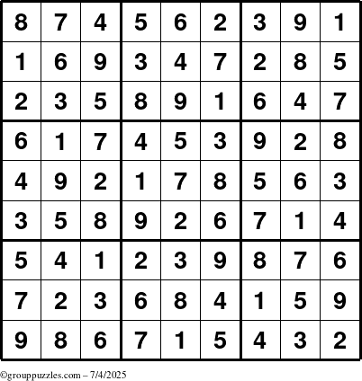 The grouppuzzles.com Answer grid for the Sudoku puzzle for Friday July 4, 2025