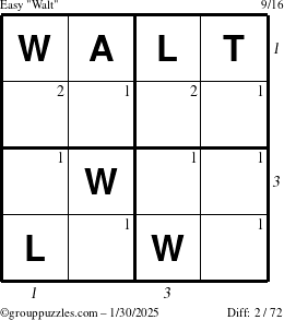 The grouppuzzles.com Easy Walt puzzle for Thursday January 30, 2025 with all 2 steps marked