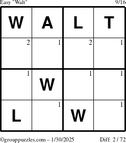 The grouppuzzles.com Easy Walt puzzle for Thursday January 30, 2025 with the first 2 steps marked