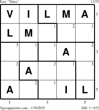 The grouppuzzles.com Easy Vilma puzzle for Thursday January 30, 2025 with all 3 steps marked