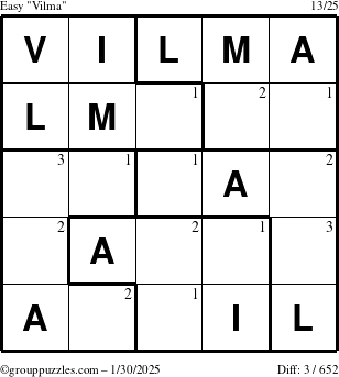 The grouppuzzles.com Easy Vilma puzzle for Thursday January 30, 2025 with the first 3 steps marked