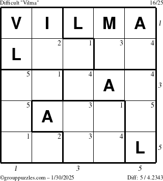 The grouppuzzles.com Difficult Vilma puzzle for Thursday January 30, 2025 with all 5 steps marked