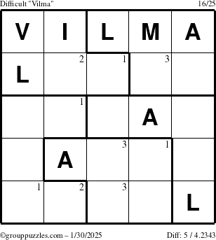 The grouppuzzles.com Difficult Vilma puzzle for Thursday January 30, 2025 with the first 3 steps marked